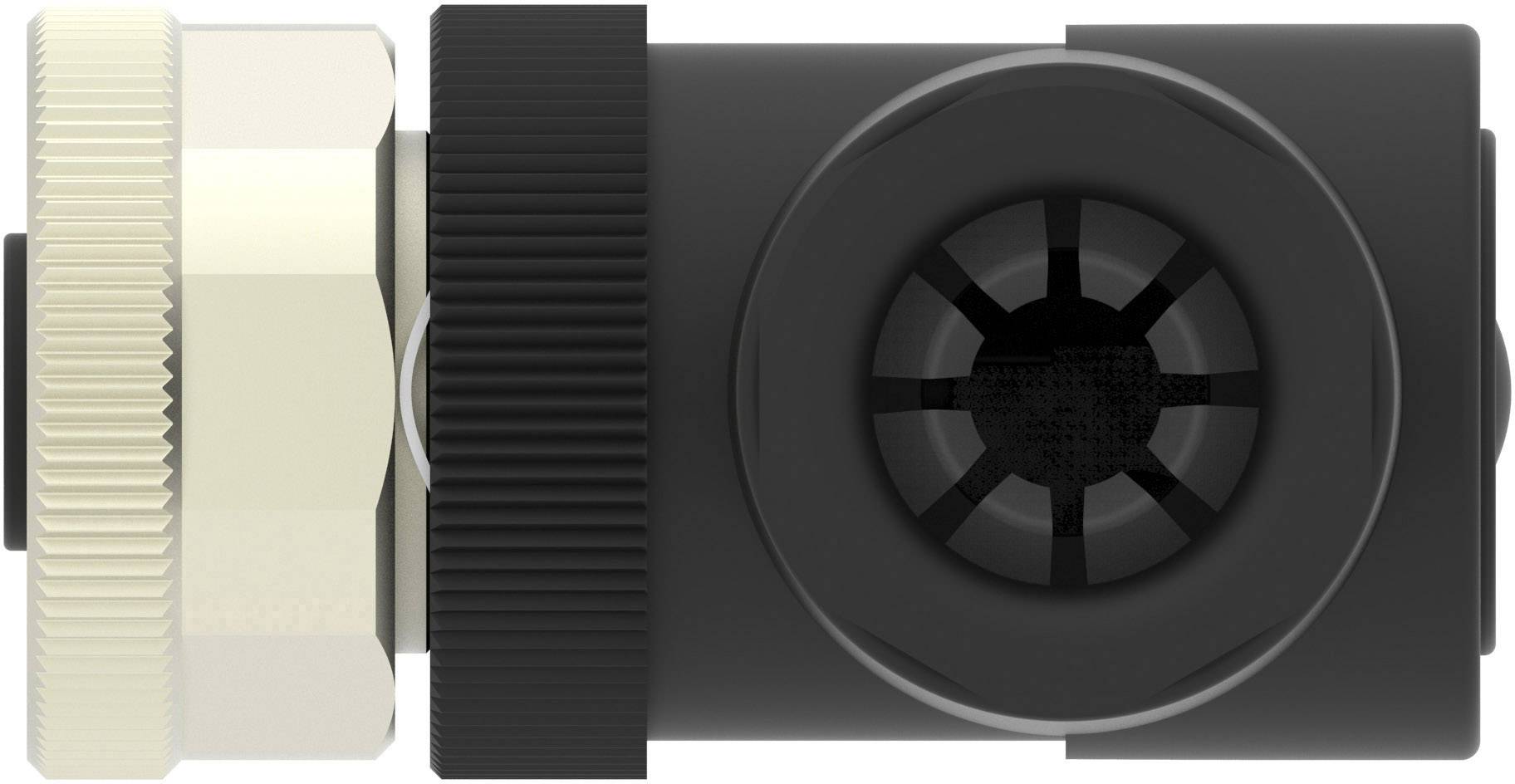 Black plastic component with round parts in the centre and connections on both sides. On the left, a metallic hexagonal connection.