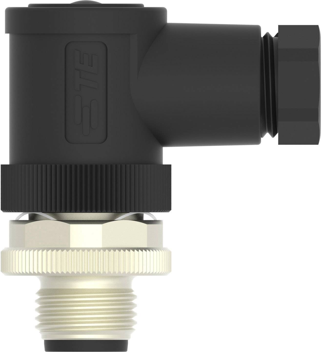 Black angled plug with screw terminal, side cable outlet and thread. Suitable for wiring and device connections.