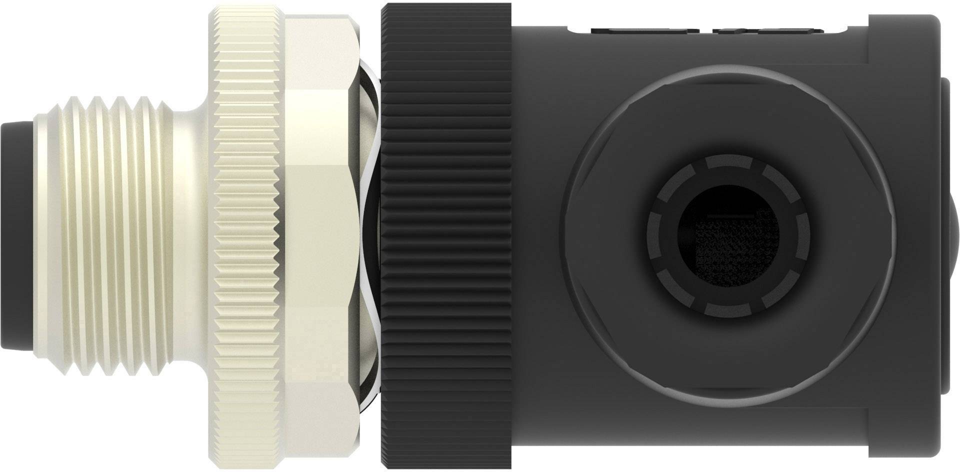 A close-up of a cylindrical metal and plastic connector, flanked by a threaded ring made of light and dark material.