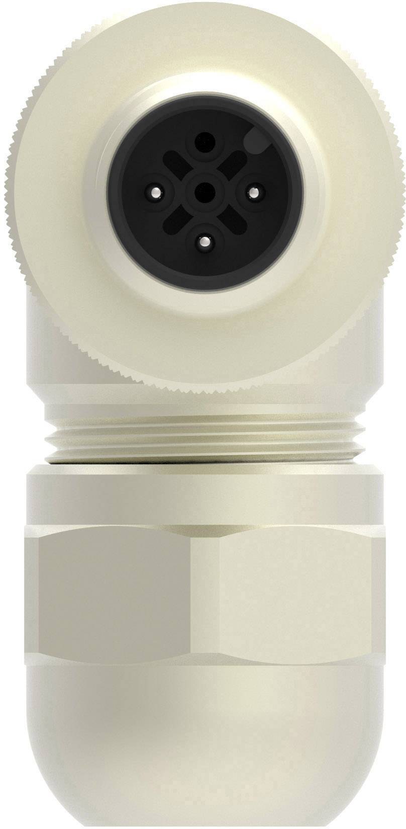 A metallic, right-angled connector with a black circular contact area, suitable for industrial applications.