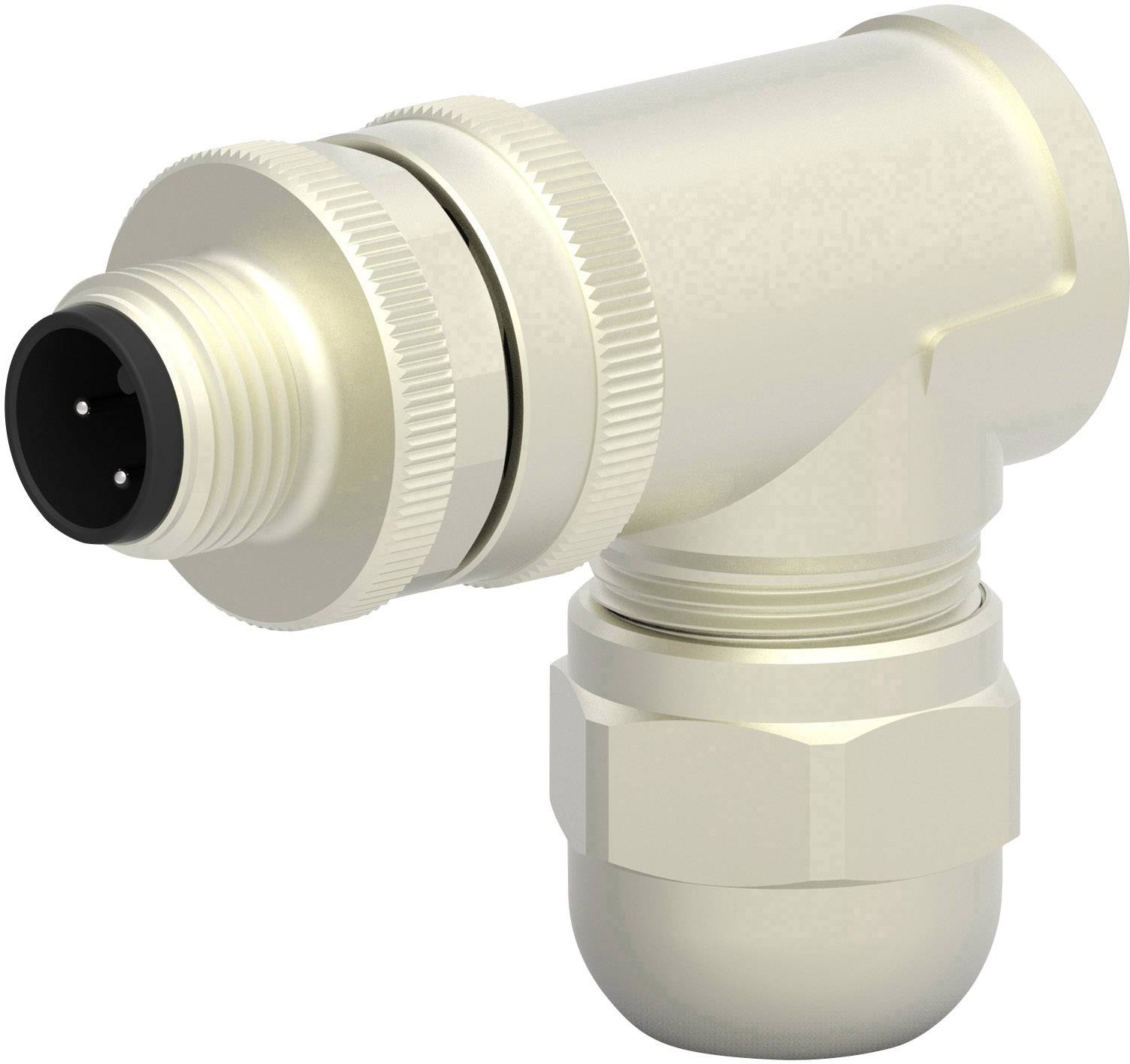 An angled, metallic connector with multiple pins, commonly used in industrial applications for electrical connections.