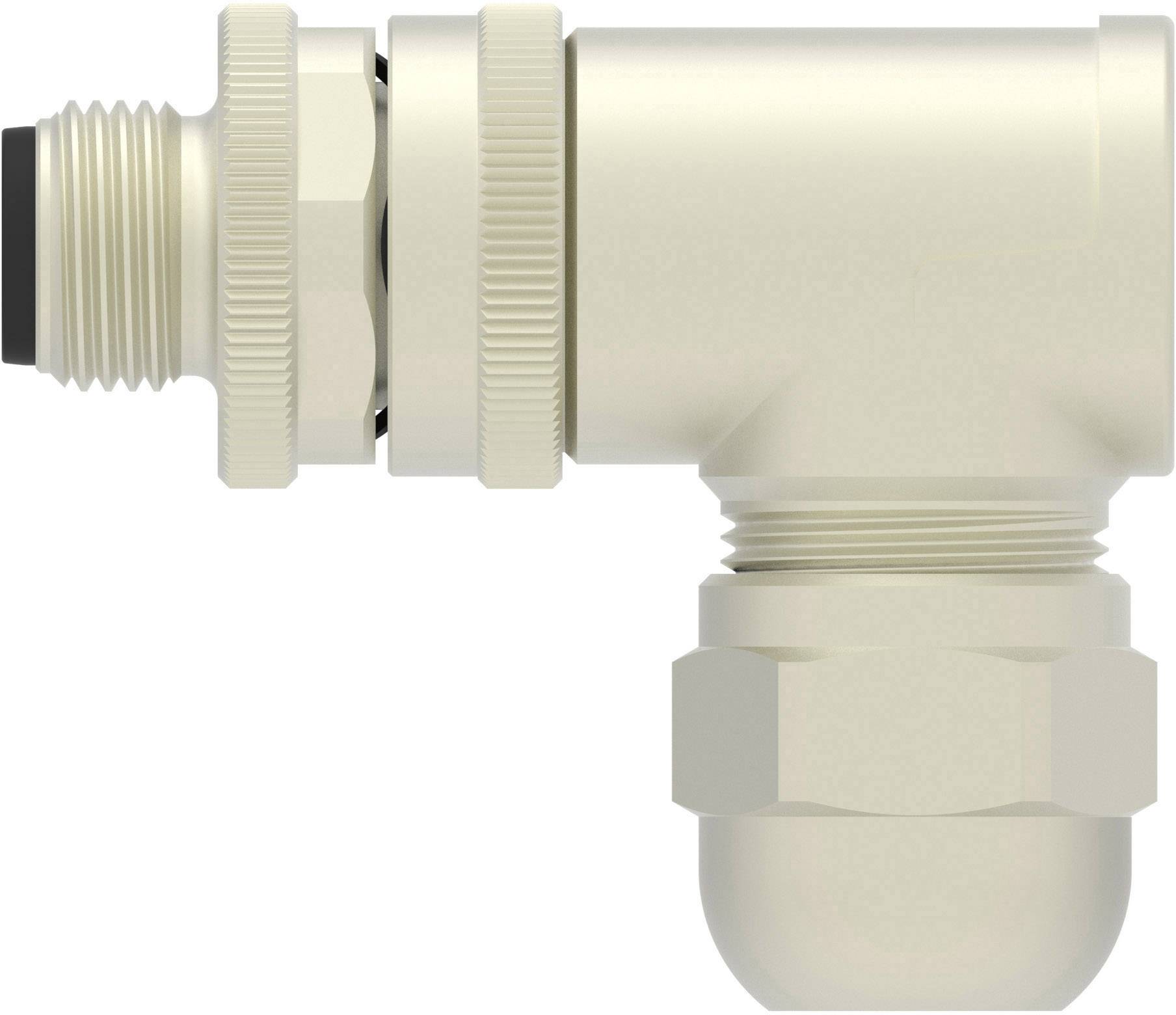 A plastic L-shaped pneumatic connector with threaded and hose connections, commonly used in compressed air systems.