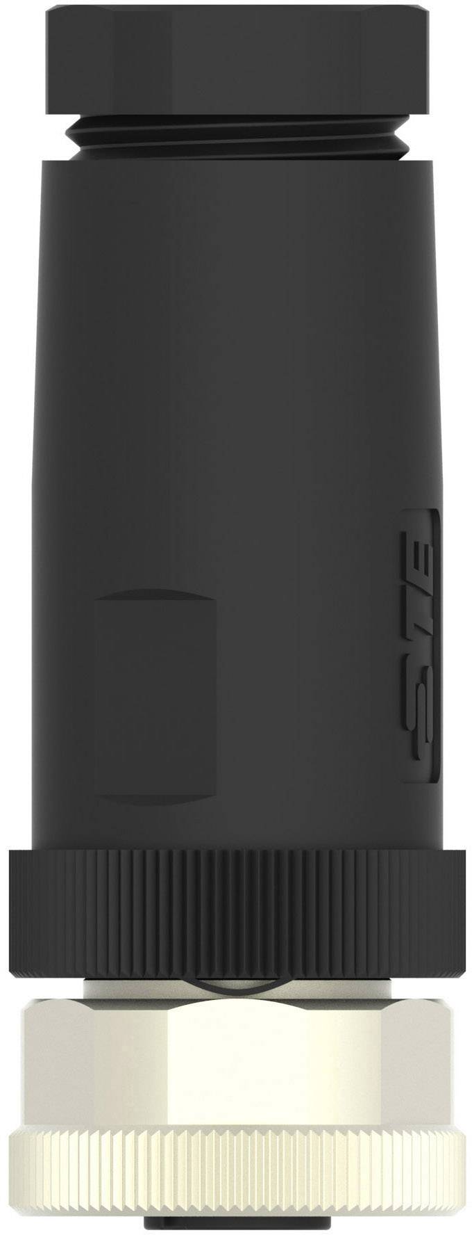 Black cylindrical connector with a knurled metal nut. Brand logo visible on the side. Suitable for electrical applications.