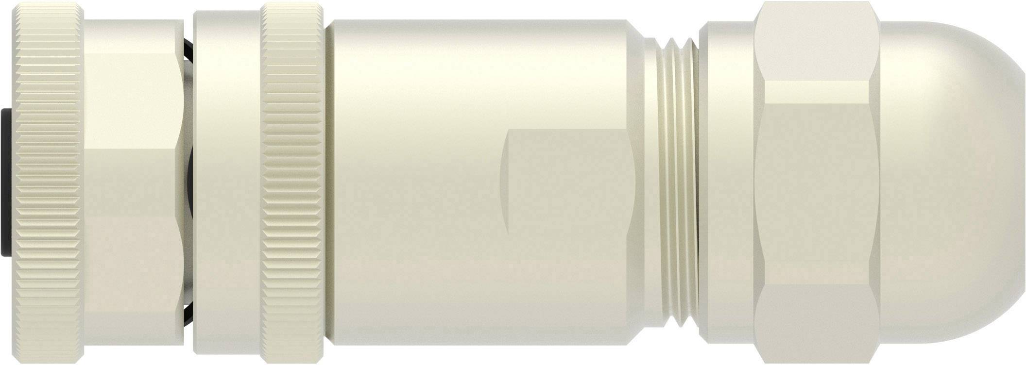 Light beige, cylindrical cable gland element with a ribbed surface and metal thread, shown from the side.