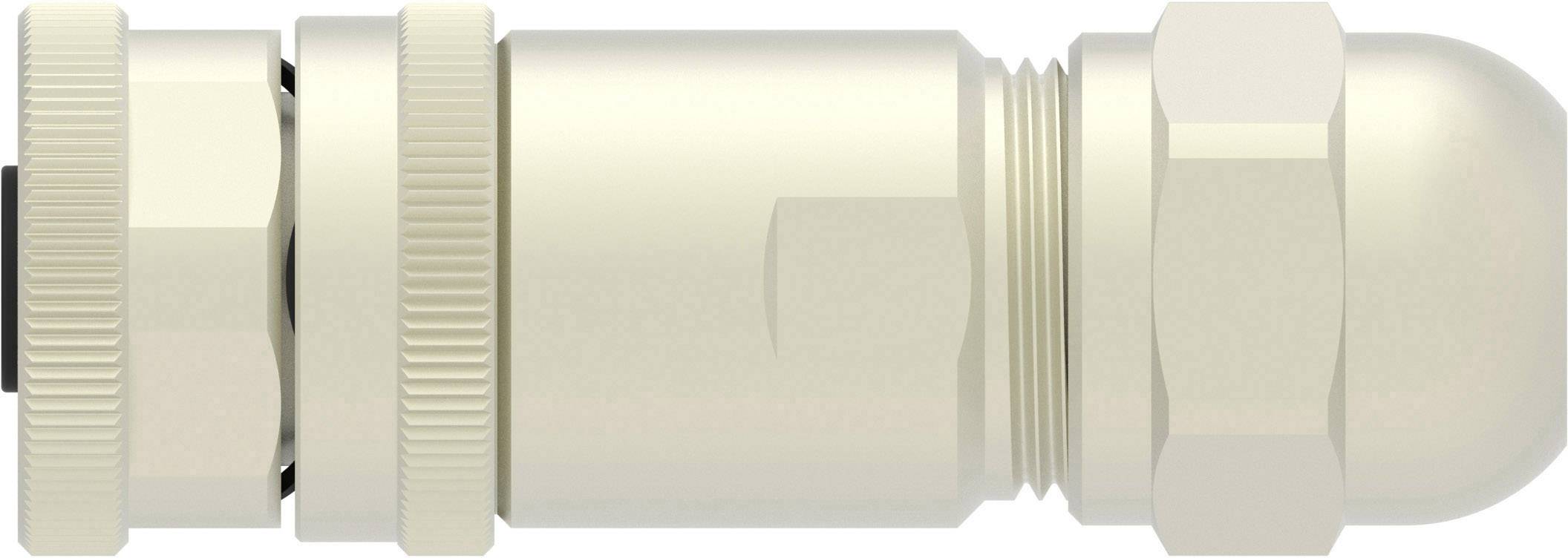 A cream-coloured cable gland with a ribbed surface and hexagonal components, horizontally aligned.
