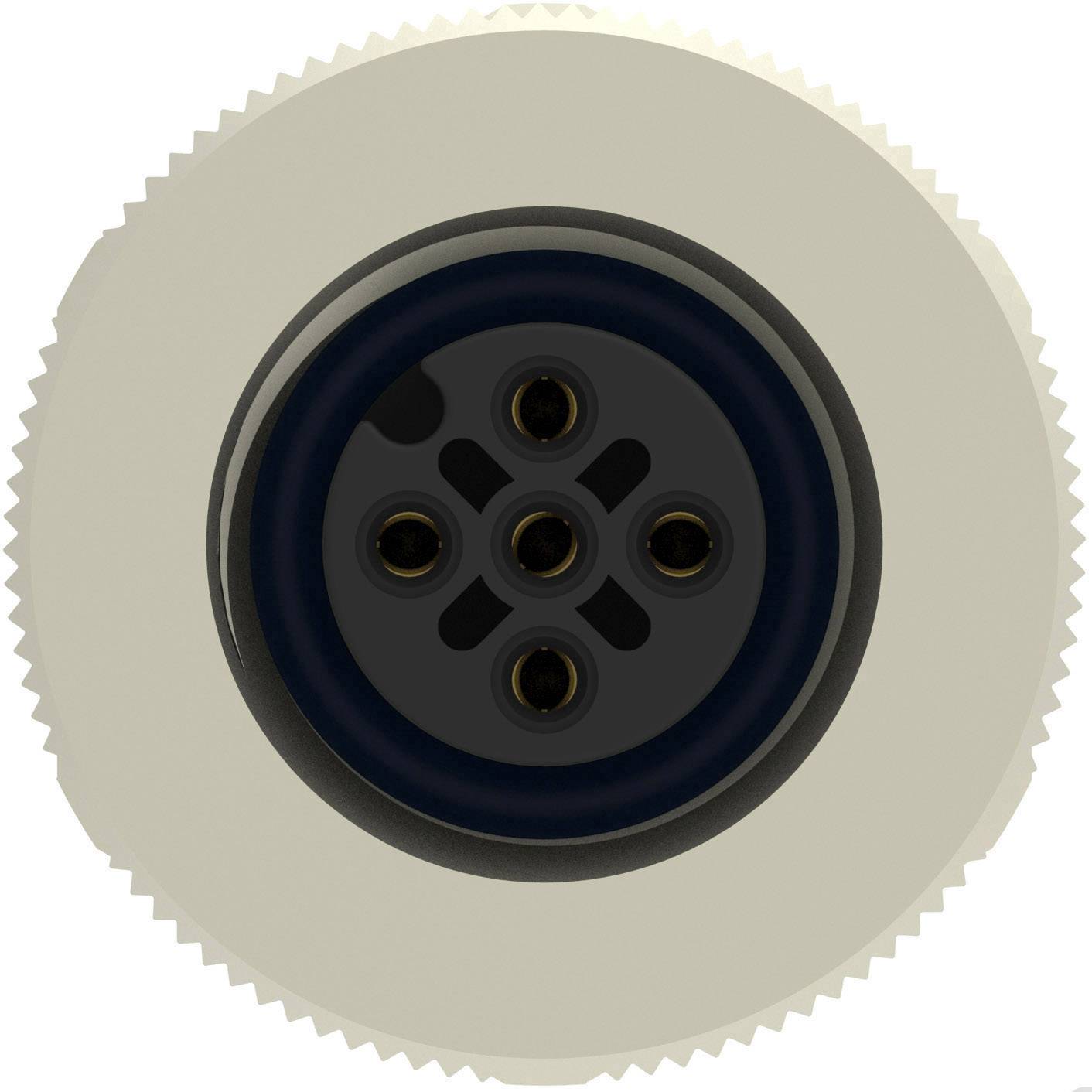 A round, multi-pin connector with five visible pins arranged in a circular configuration, surrounded by a knurled edge.
