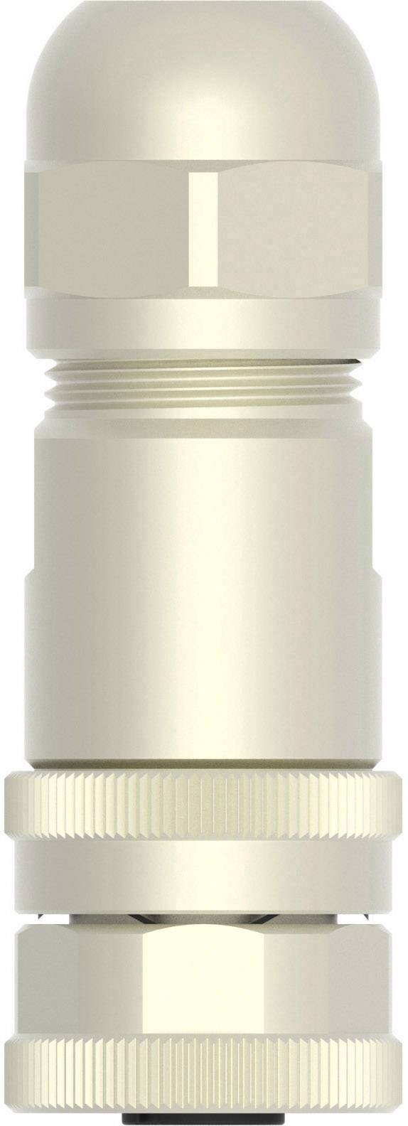 A silver cable gland, cylindrical with multiple securing rings, used for securing and sealing cable connections.