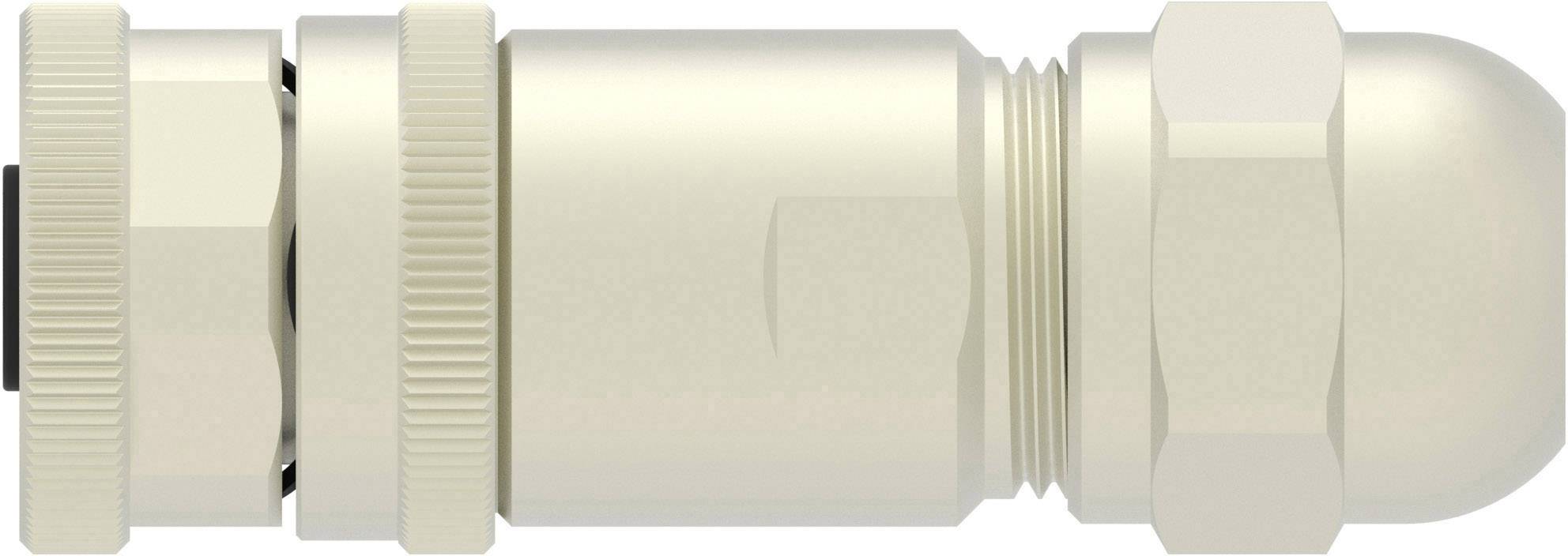 'Cable gland in beige colour, cylindrical, with thread and hexagonal nut, suitable for secure cable connections.'