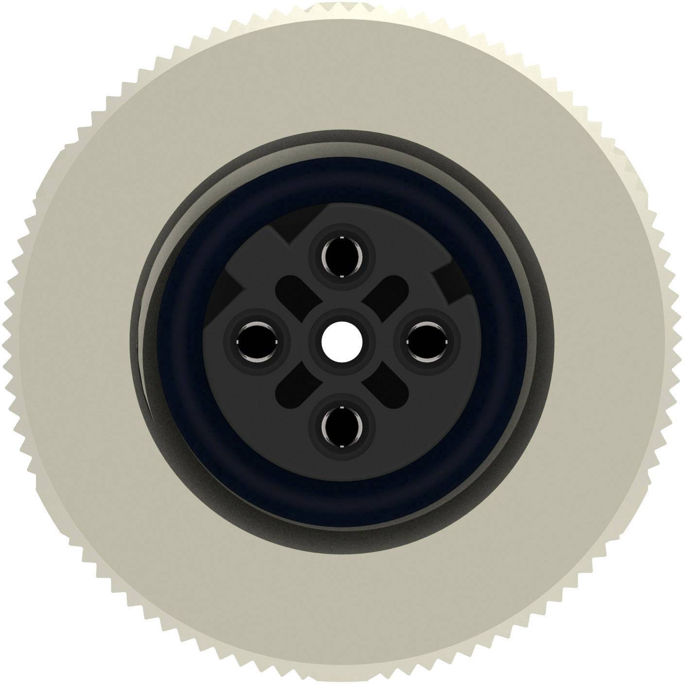 A round, grey, ribbed-shaped plug with a black centre point containing multiple contact holes.