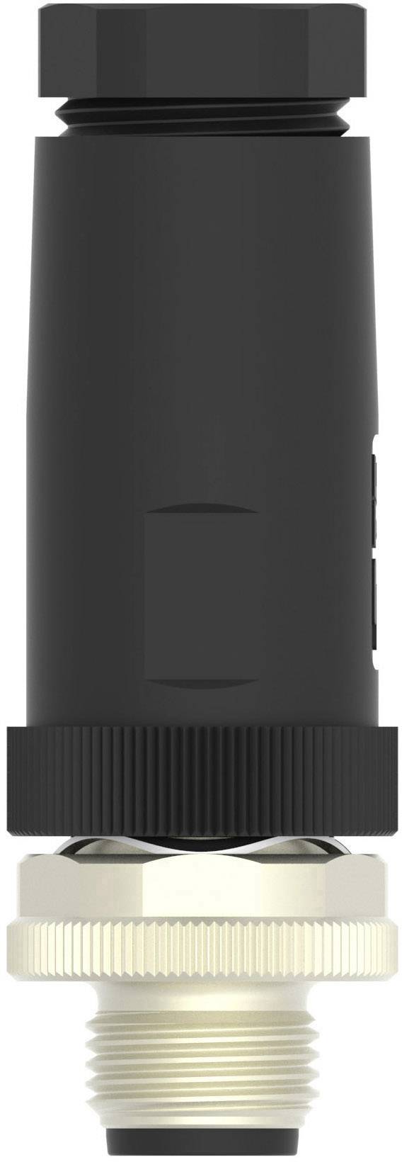 Black, cylindrical electrical plug with metal threading on the base, used for industrial connections.