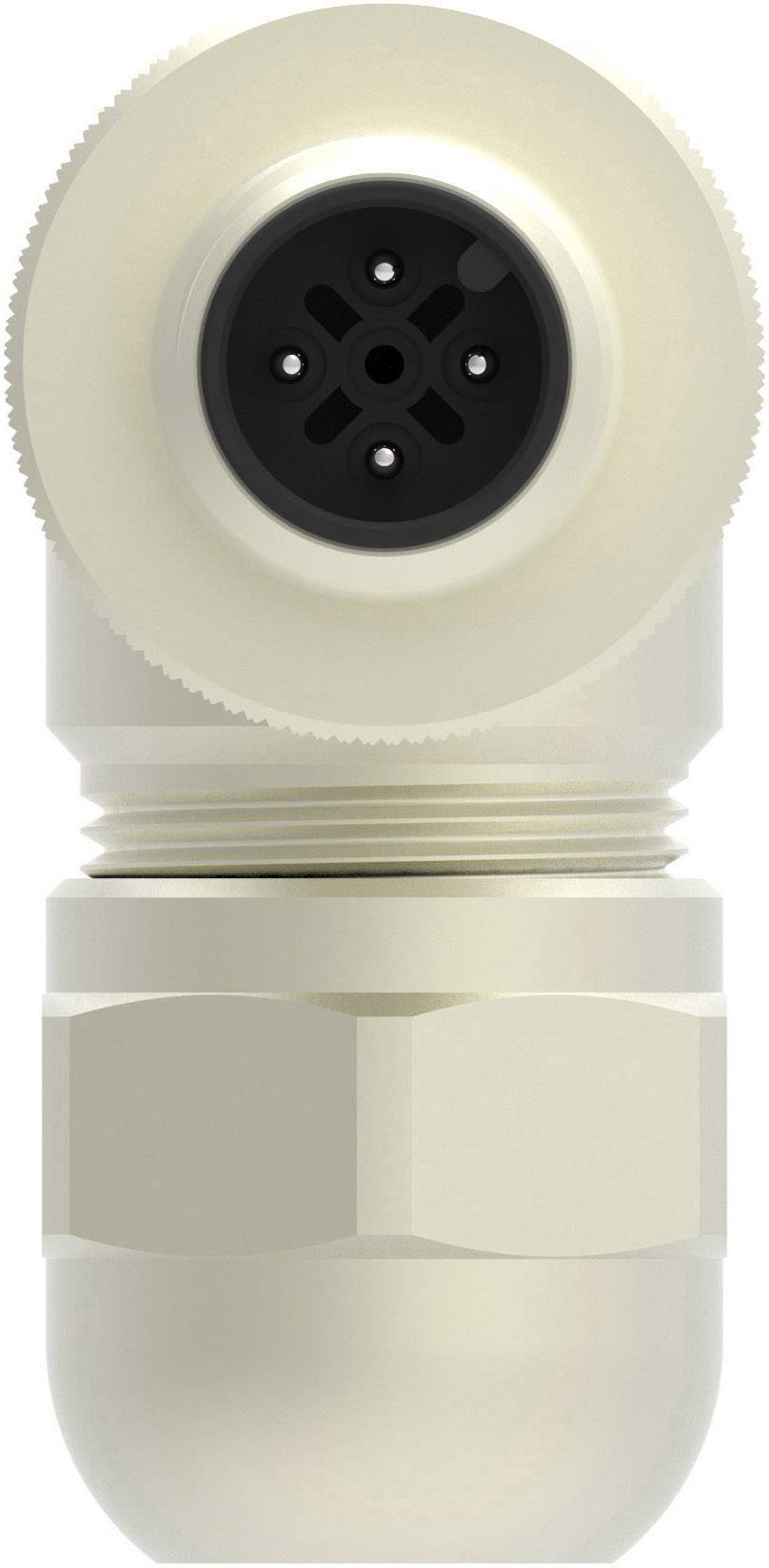 A white, cylindrical plug with four black contact points, used in electronic connections.