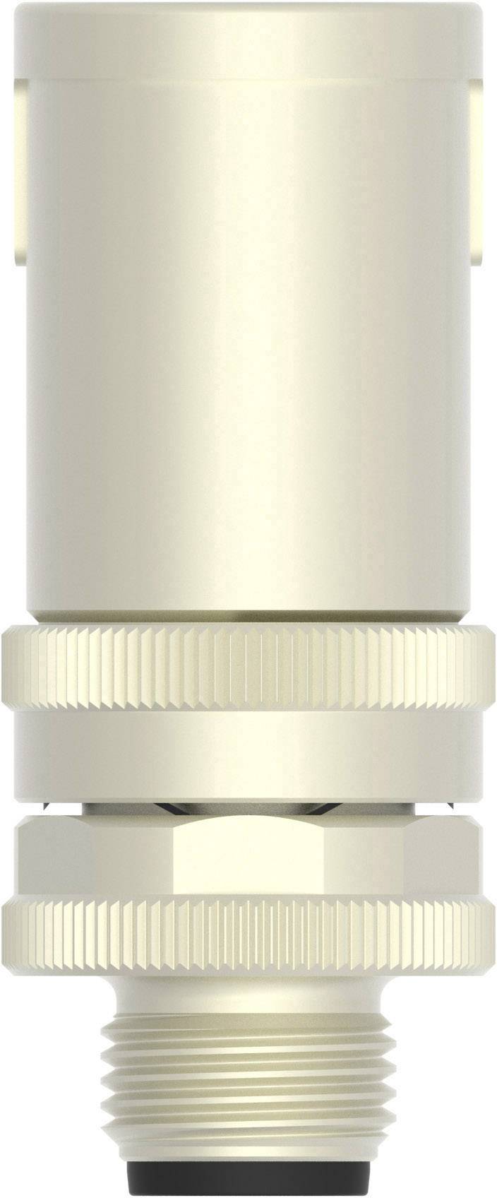 A cylindrical brass-nickel cable connector with a ribbed screw nut, suitable for industrial applications.