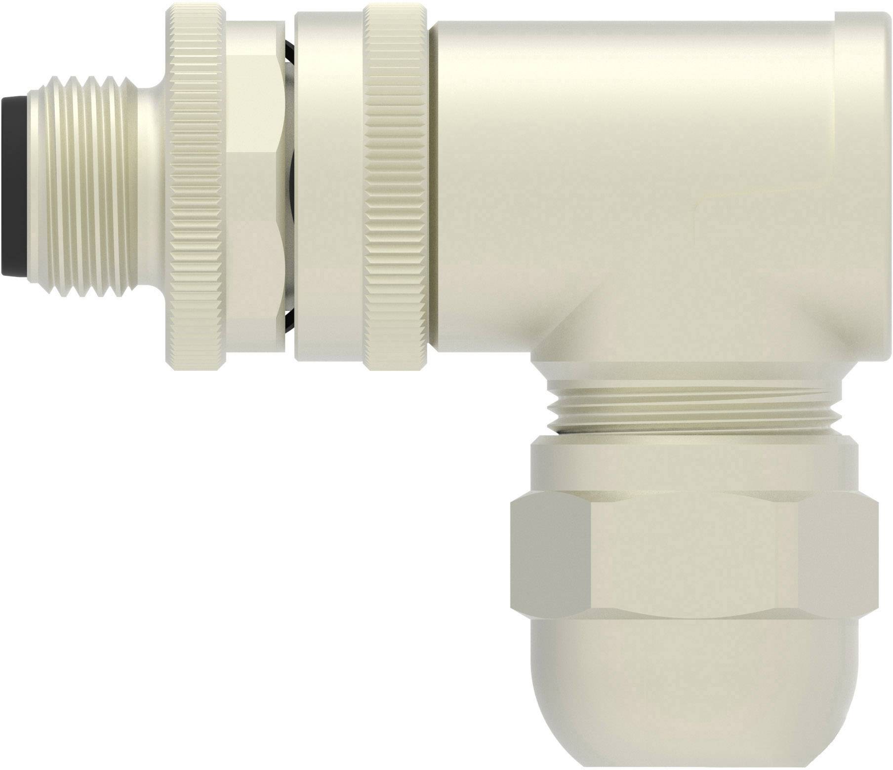 A right-angled metal cable connector with ribbed thread and insulation.