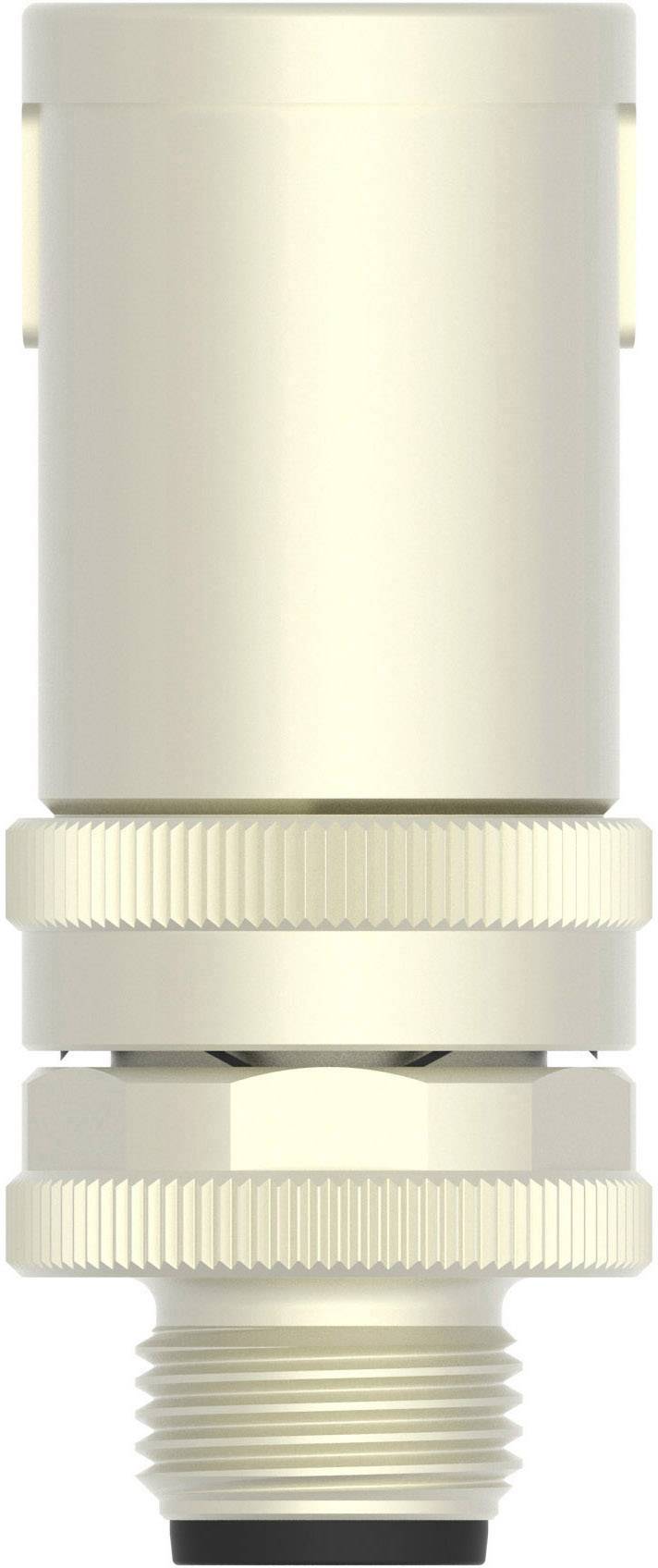A silver-coloured, cylindrical metal connector with threading, used for connecting cables or hoses.