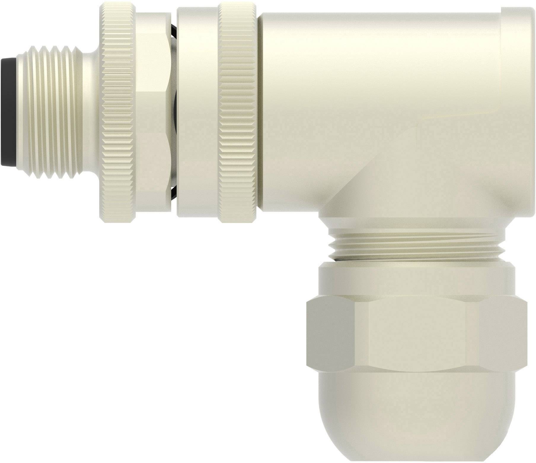 A metal L-shaped pipe connector with threaded fitting, used for connecting pipes or cables in installations.