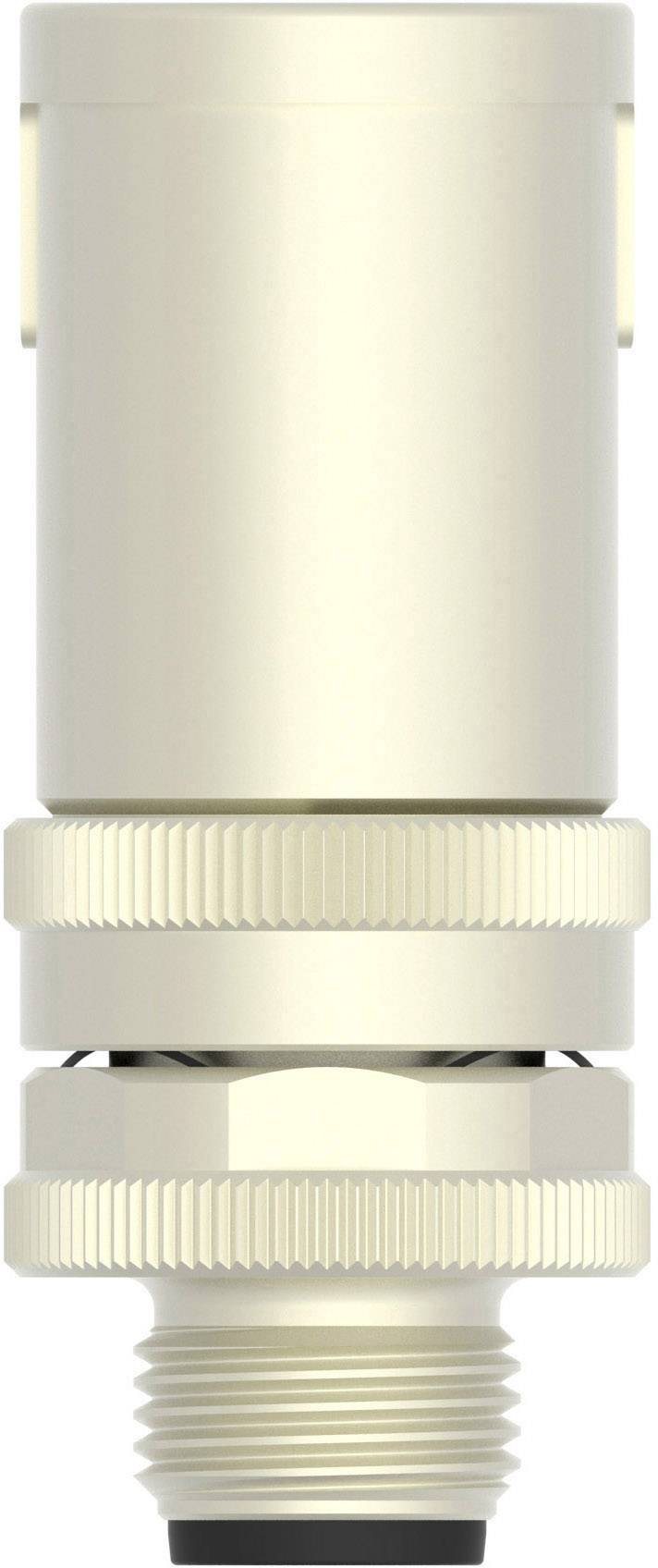 Metallic connector, cylindrical in shape, with a grooved ring in the middle and a black seal at the lower end.