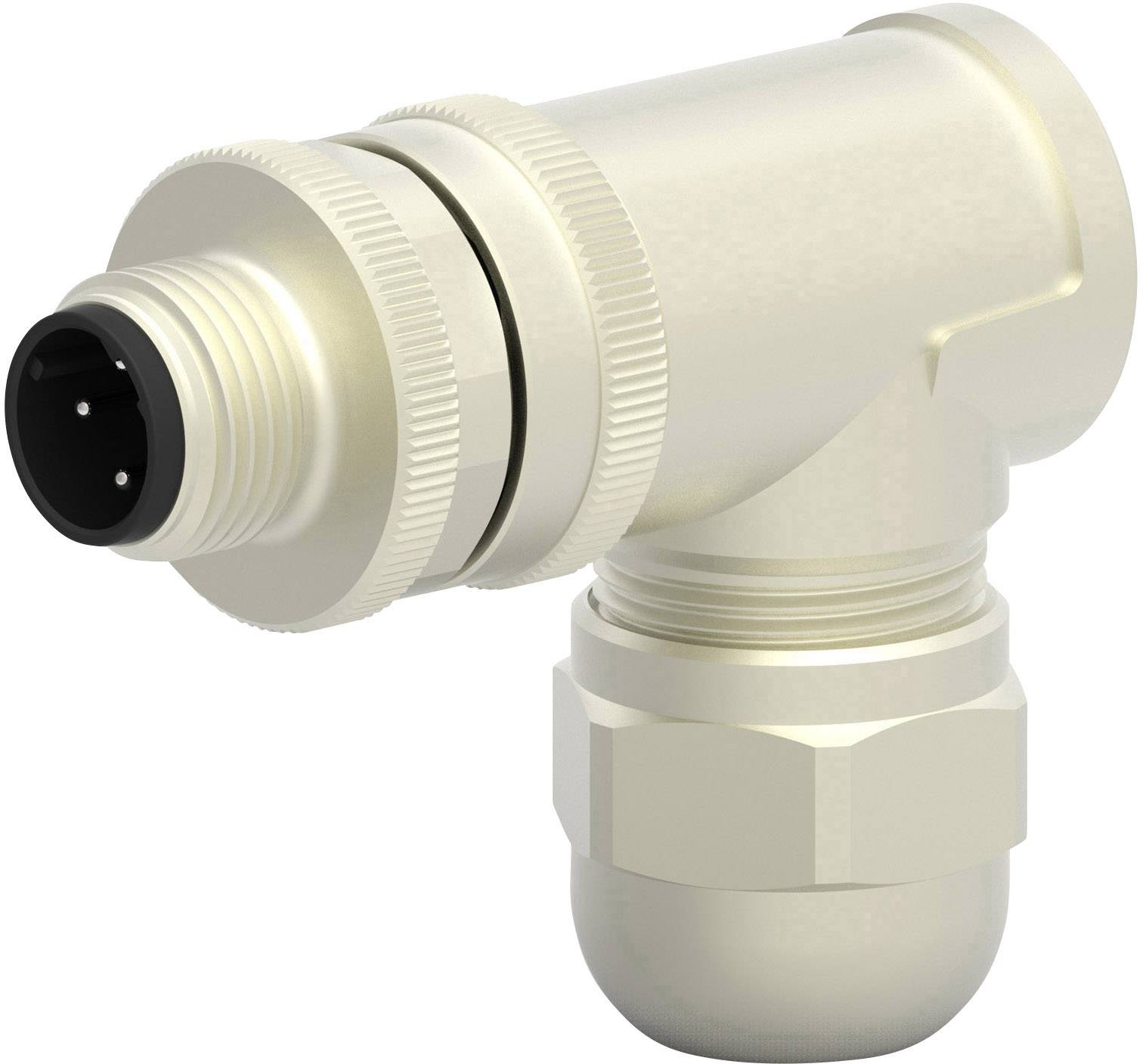 Industrial metal angular connector with screw lock and circular plug; suitable for robust applications.