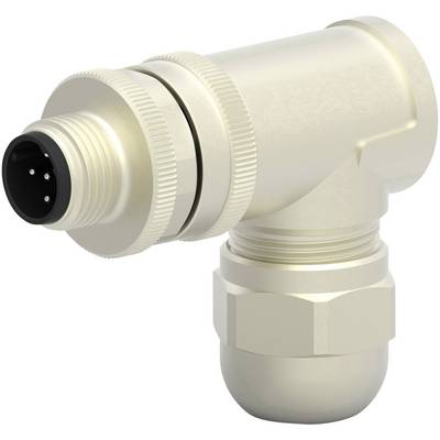 A right-angled, metallic electrical plug with a round contact face and four contact pins. Suitable for cable connections.
