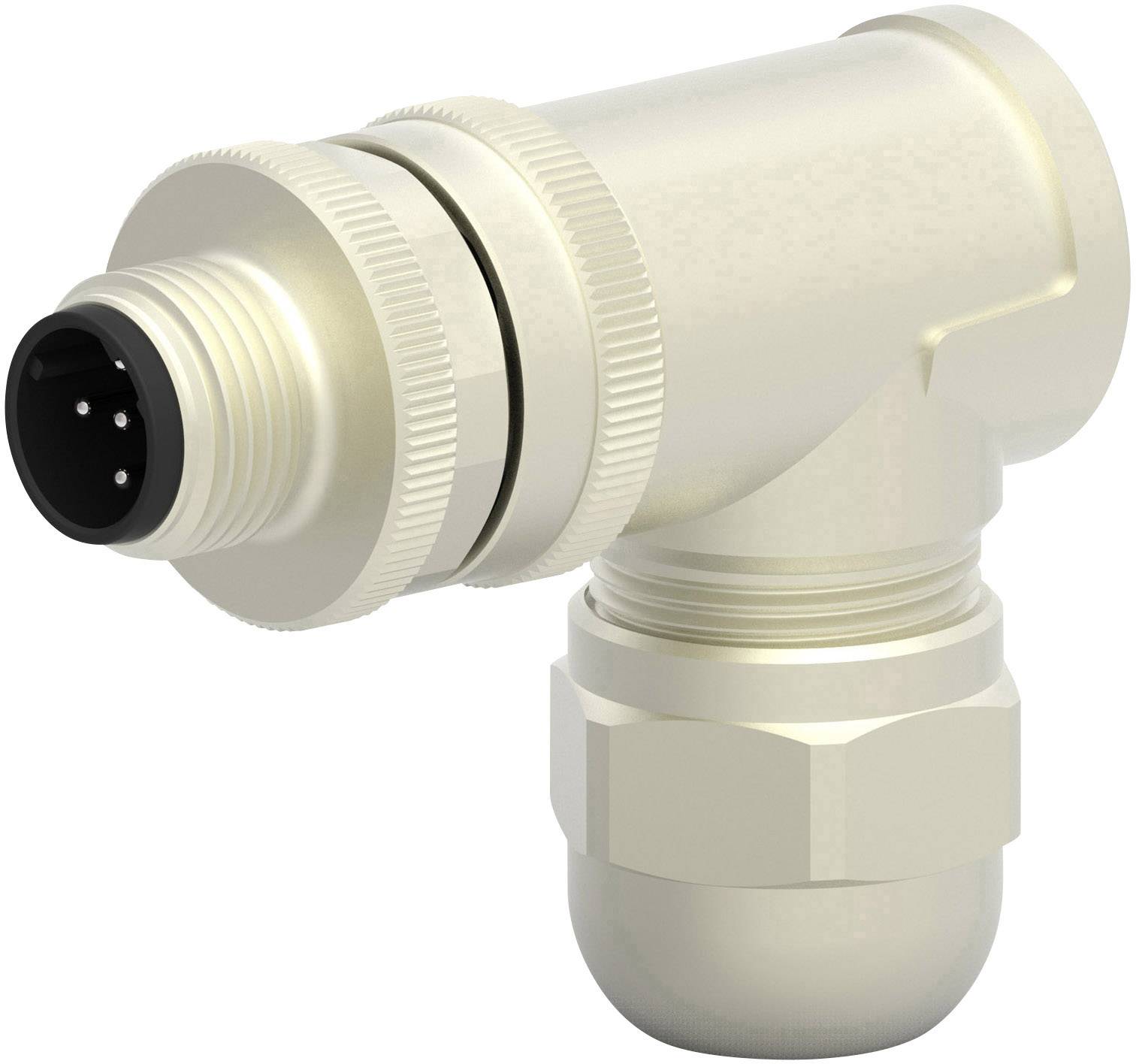 Industrial plug with metal housing, black connection and threaded fitting. Used for industrial electrical connections.