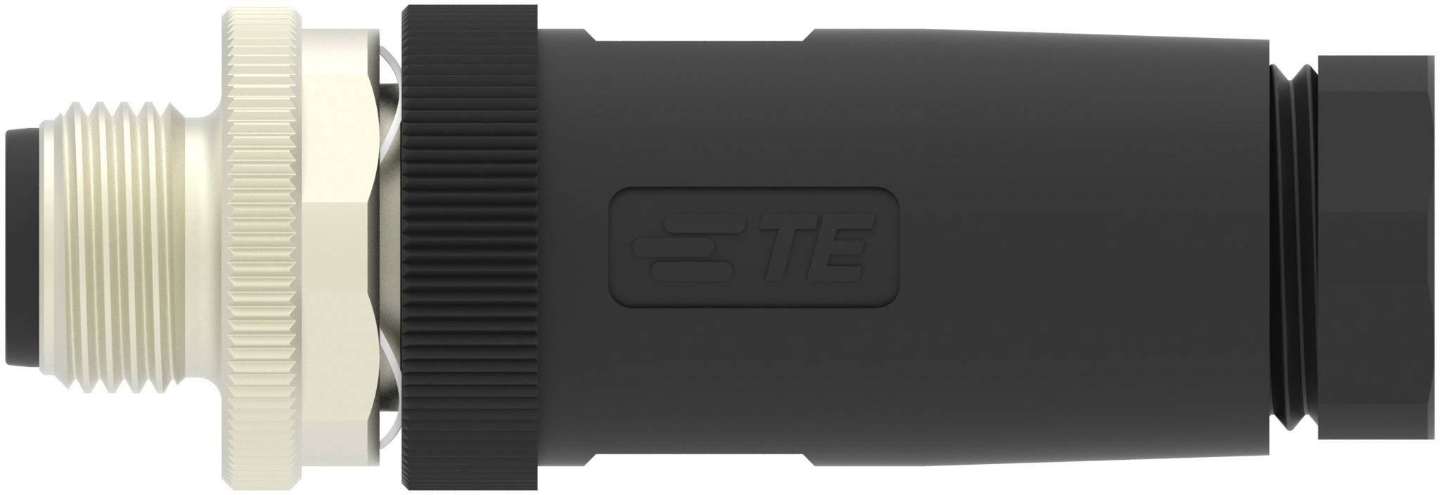 M12 connector with black housing and metallic thread. Suitable for industrial applications.