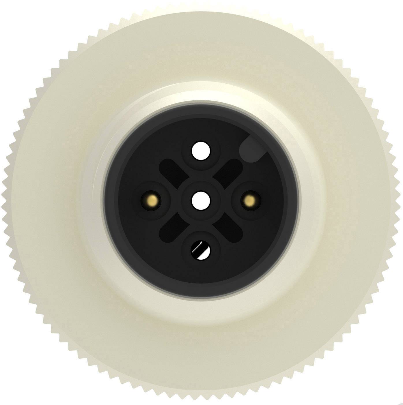 A circular gear with a black central section and small holes; potentially a technical component.