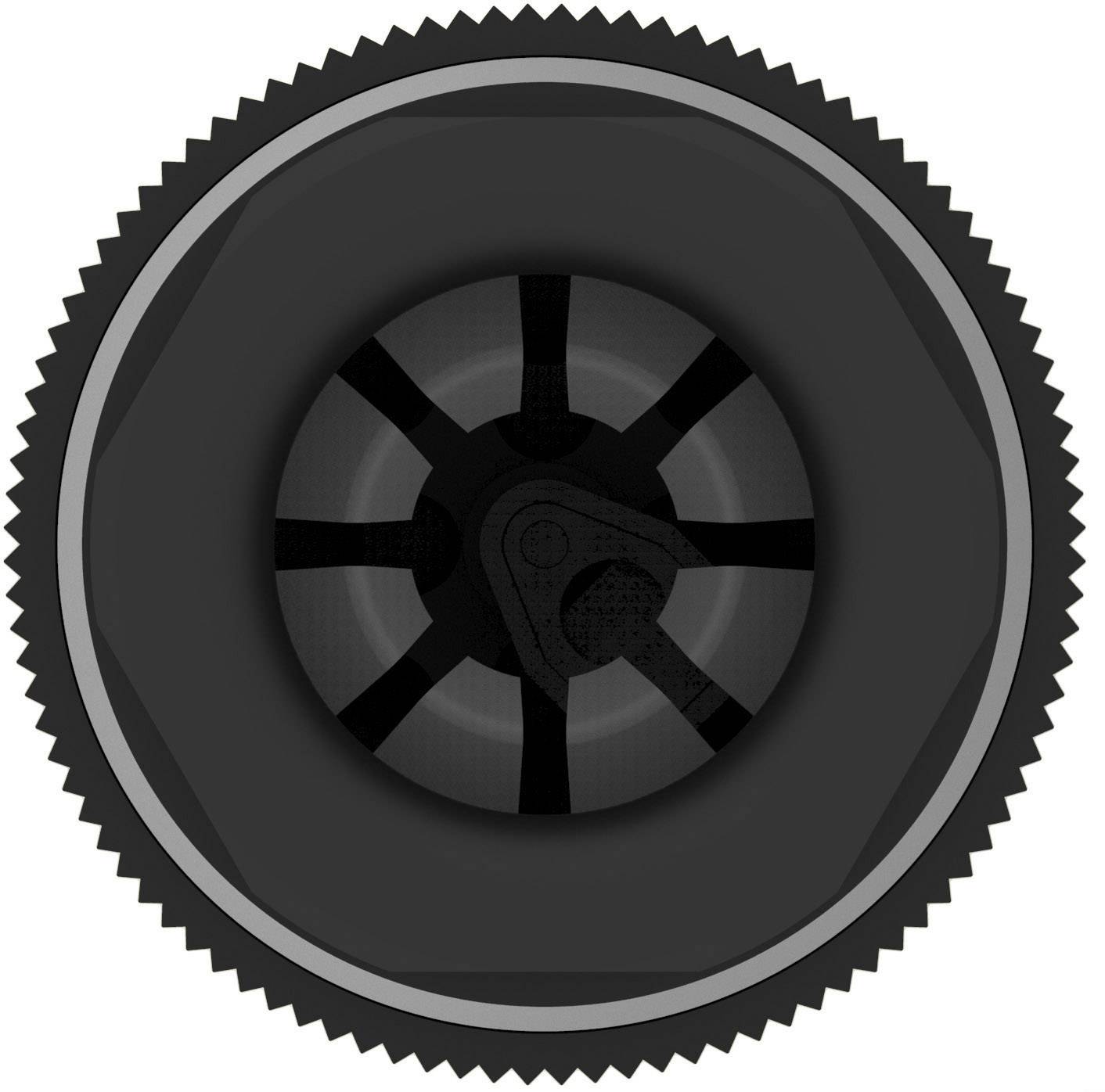 A black gear wheel with multiple spokes viewed from the side.