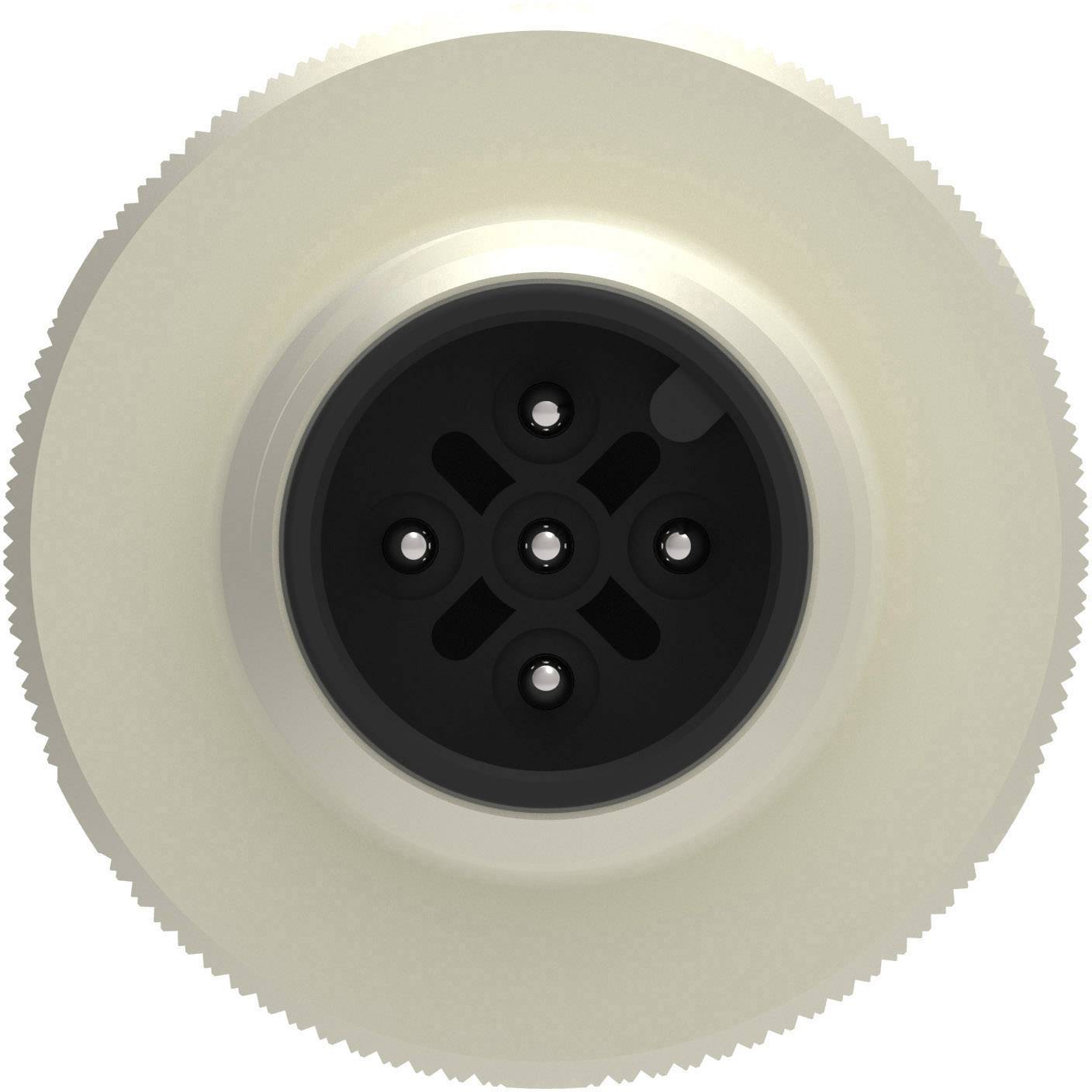 A white, round connector plug with a black, multi-pin insert in the centre.