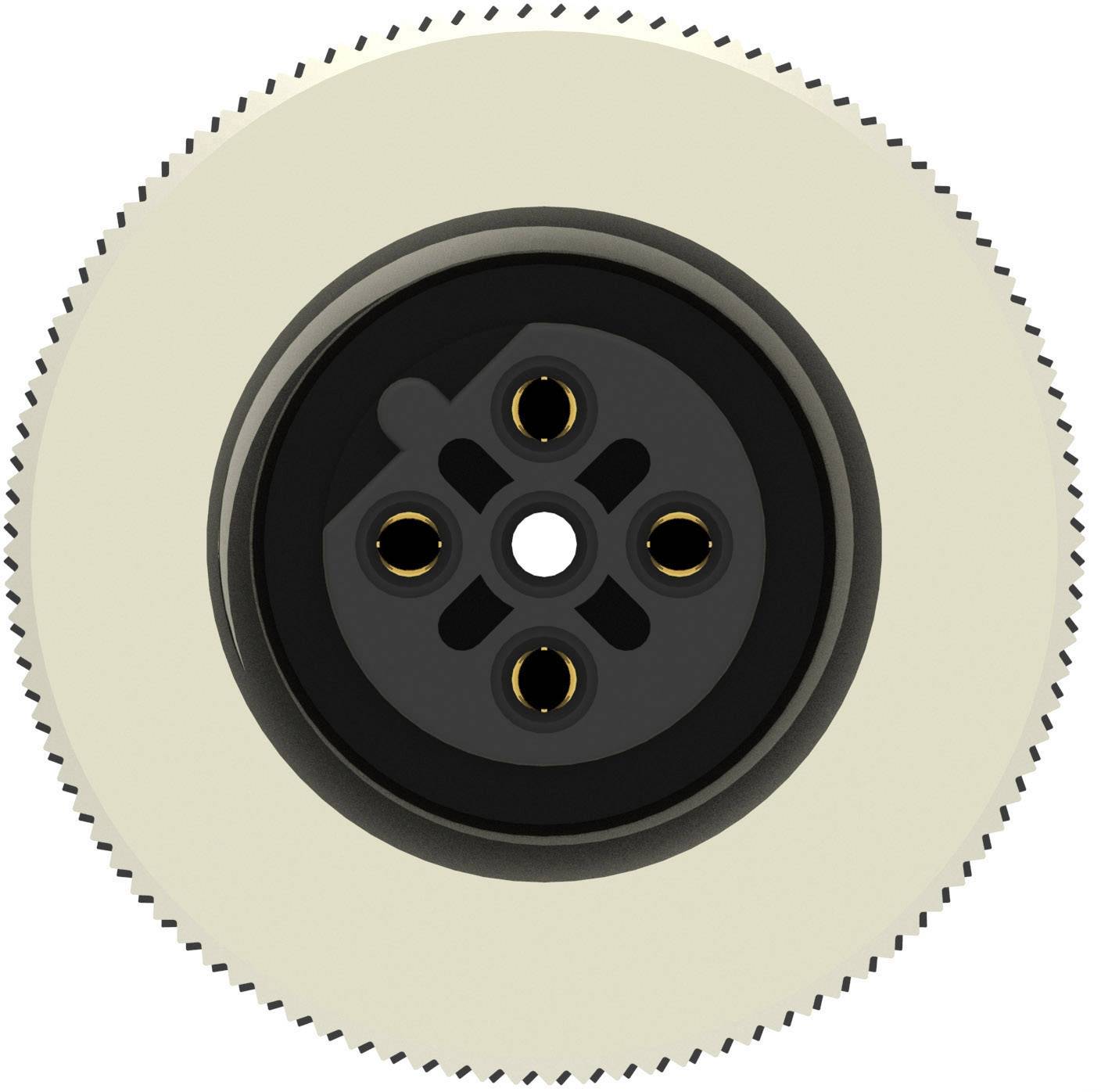 Circular plug with multiple pins in the centre, surrounded by a serrated wheel. Likely part of an electronic connector.