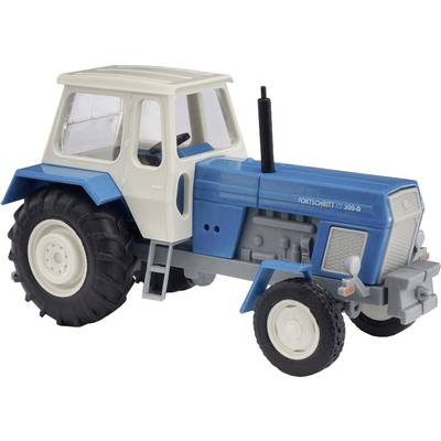 Toy model of a 'Fortschritt ZT-300-D' tractor in blue and white, with large black tyres and windows in the cab.