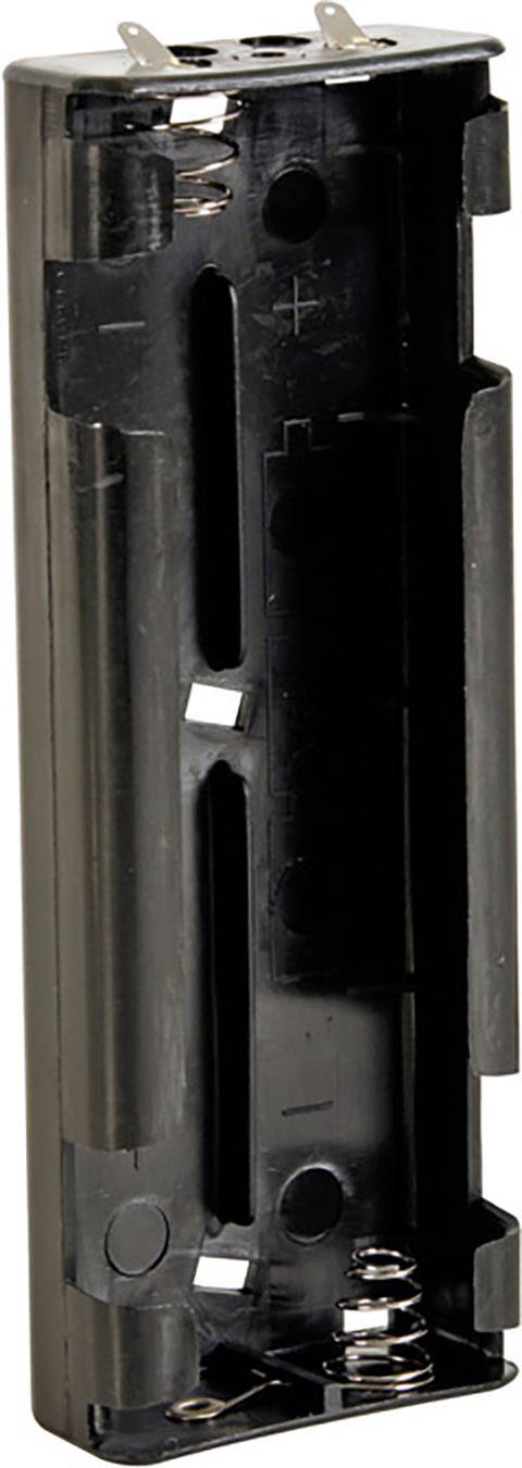 'Black battery holder for two AA batteries, with metal contacts at both ends.'