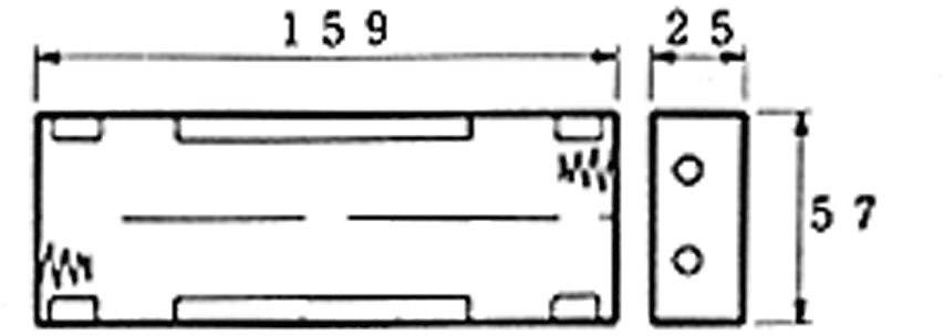 Technical drawing of a rectangular component with the following dimensions: length 159 mm, width 25 mm, height 57 mm.