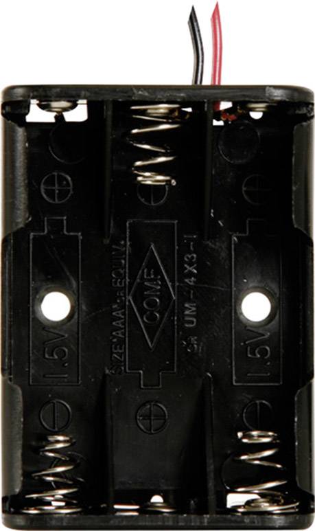 Black plastic battery holder for two AA batteries, with two metal springs and red and black connecting wires on top.