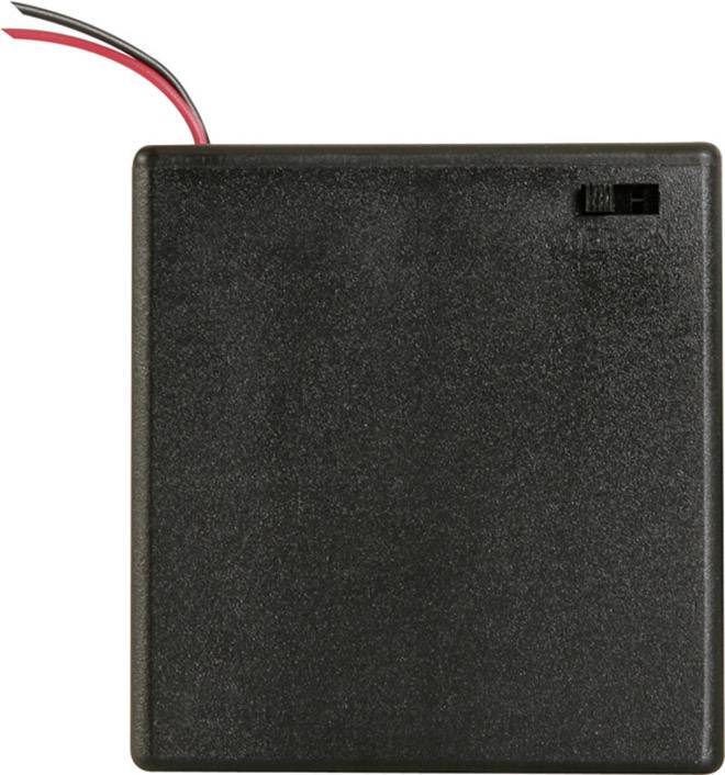 Black battery compartment with two outgoing wires and a switch in the top right corner.