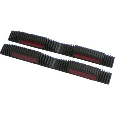 Two black, serrated plastic parts with a red reflective rectangle in the centre, symmetrically positioned in relation to each other.