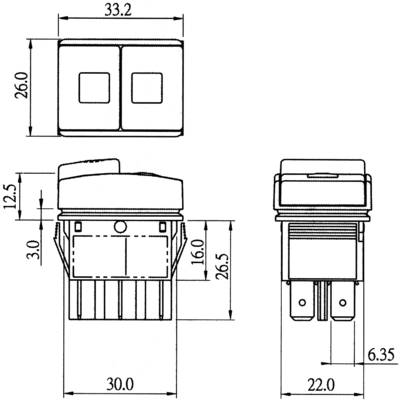 Technical drawing of a switch with dimensions: width 33.2 mm, height 30 mm, depth 26.5 mm. Side and rear views included.