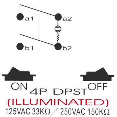 Diagram of an illuminated 4-pole double-pole changeover switch. Top: Circuit diagram. Bottom: 'ON 4P DPST OFF', voltage and resistance values.