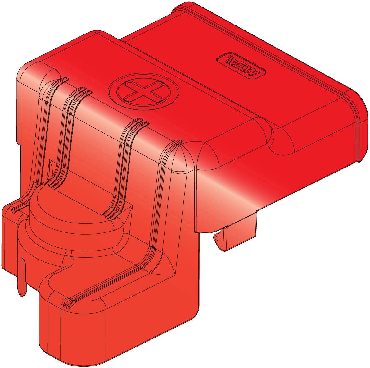 A red electrical connector with a plus sign, isolated on a white background.