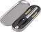Pen-shaped laser pointer in an open metal case, accompanied by two AA batteries.