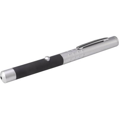 Silver laser pointer with black handle and clip, lying diagonally.