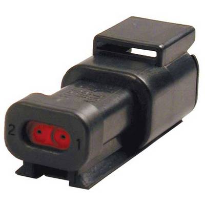 Black electrical connector with two red connection points, numbered 1 and 2, on a rectangular housing.
