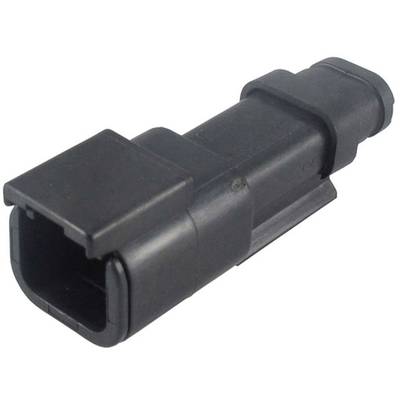Black plastic plug, rectangular shape, for electrical connections, with side guide elements for secure retention.