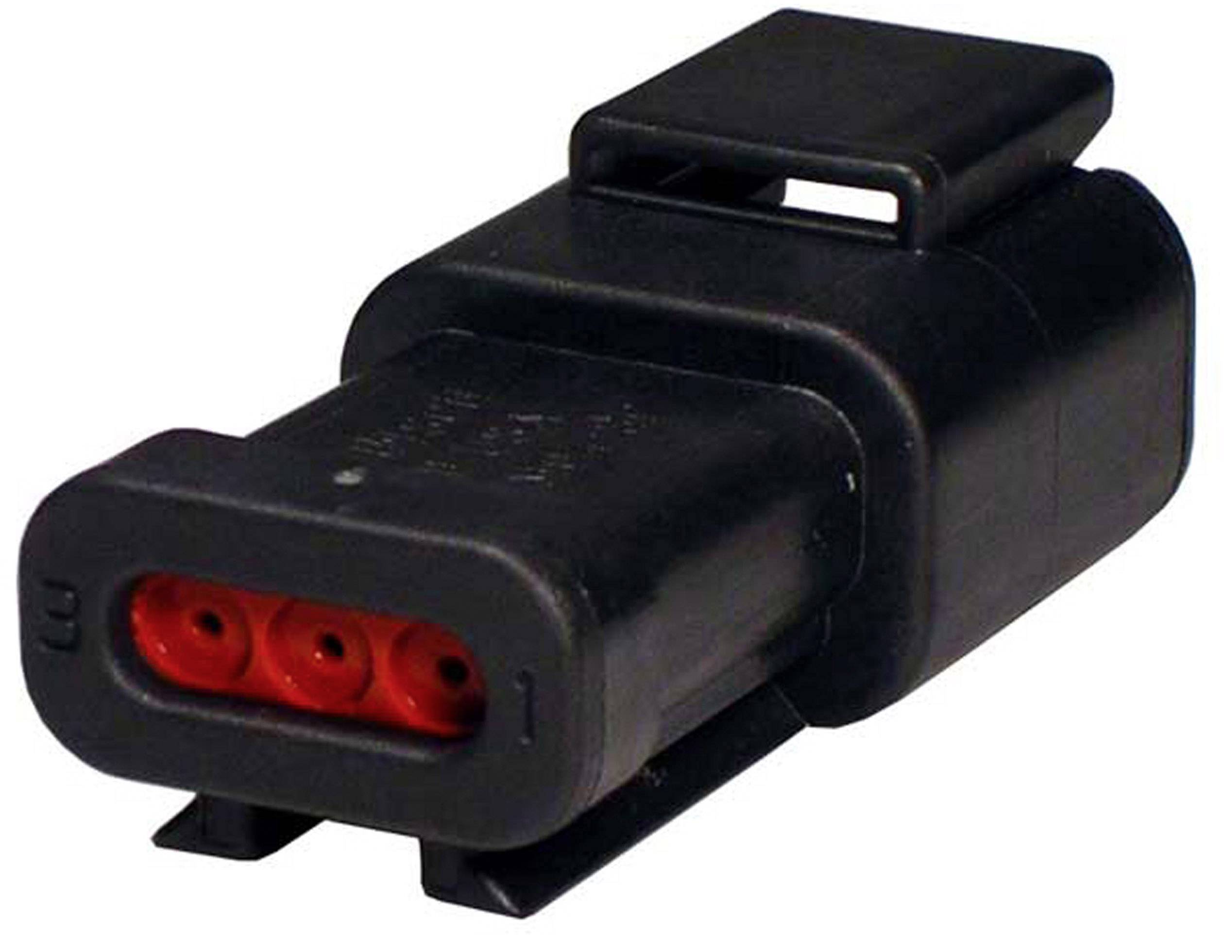 A black electric plug with three red connection points, suitable for automotive applications.