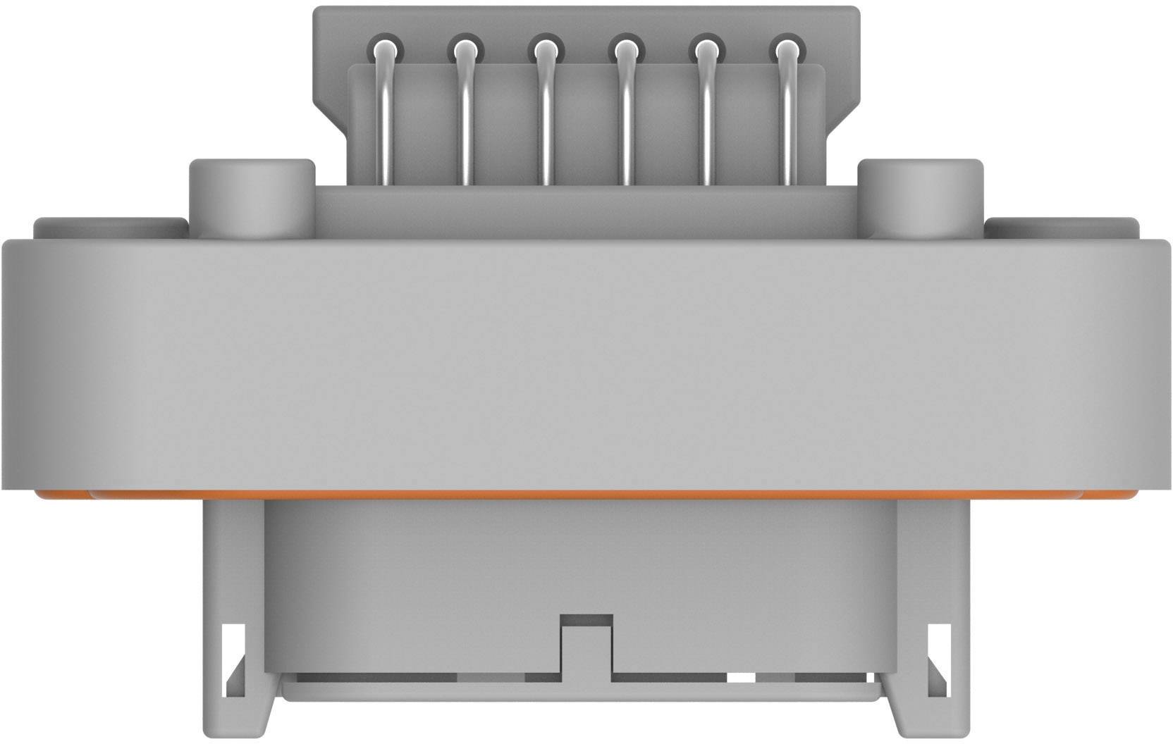 Electrical plug connector, front-facing, with five metal pins at the top and a plastic housing in grey and orange.