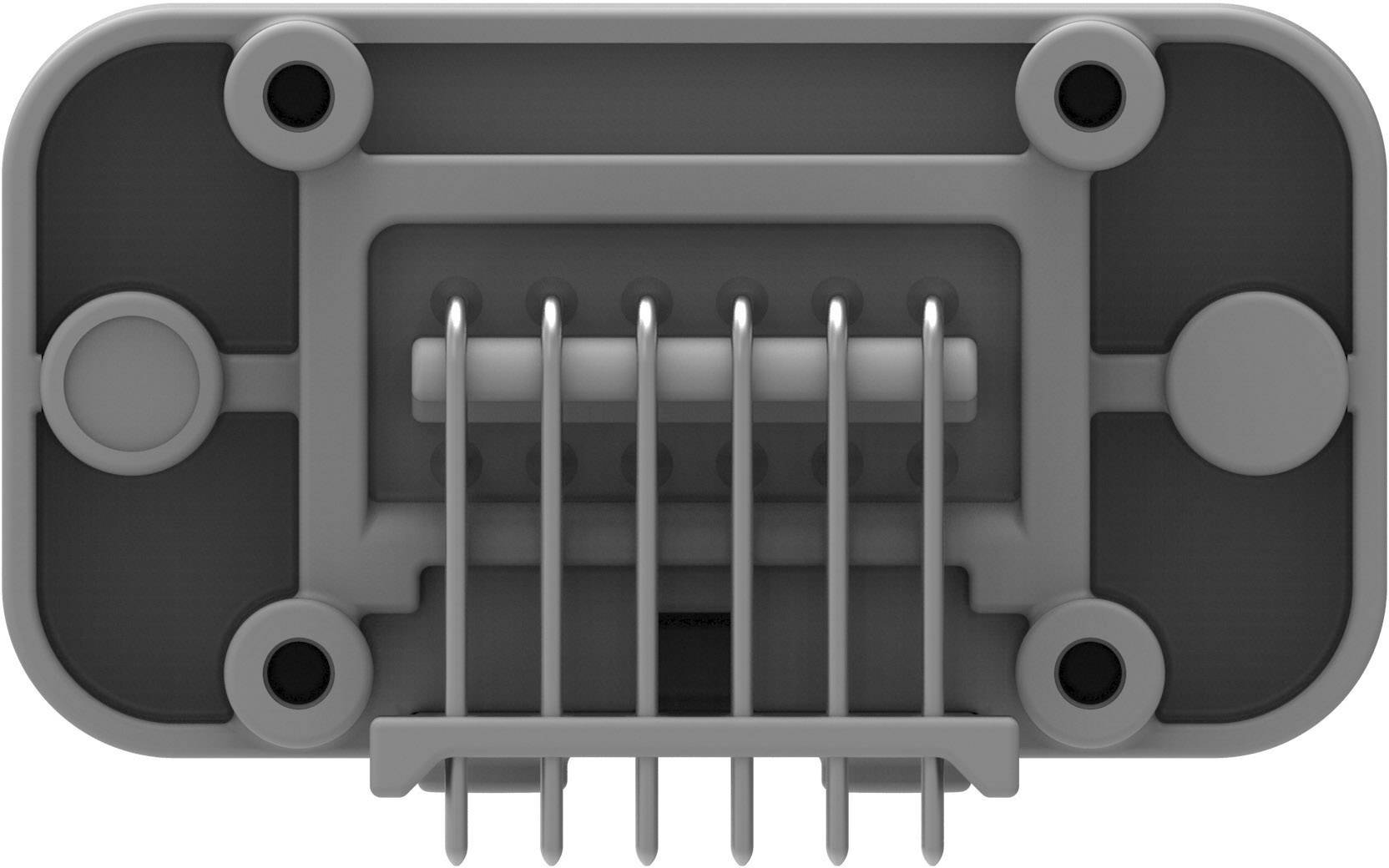 'Rear view of a five-pin connector with surrounding grey plastic casing.'