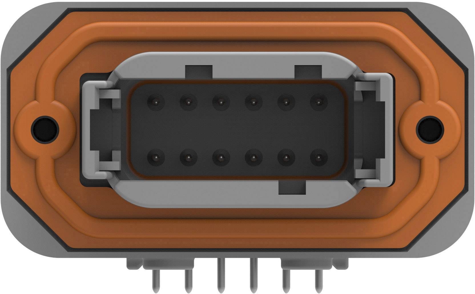A rectangular orange-grey connector with multiple black socket slots, arranged symmetrically.