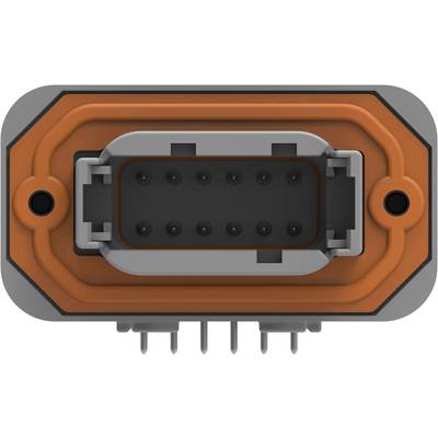A rectangular orange-grey connector with multiple black socket slots, arranged symmetrically.