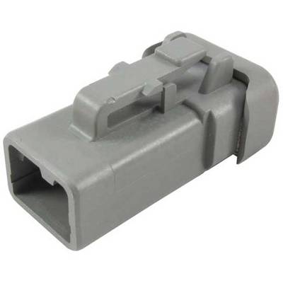 A grey plastic plug with a rectangular shape and locking mechanism, used in electrical connections for vehicles.