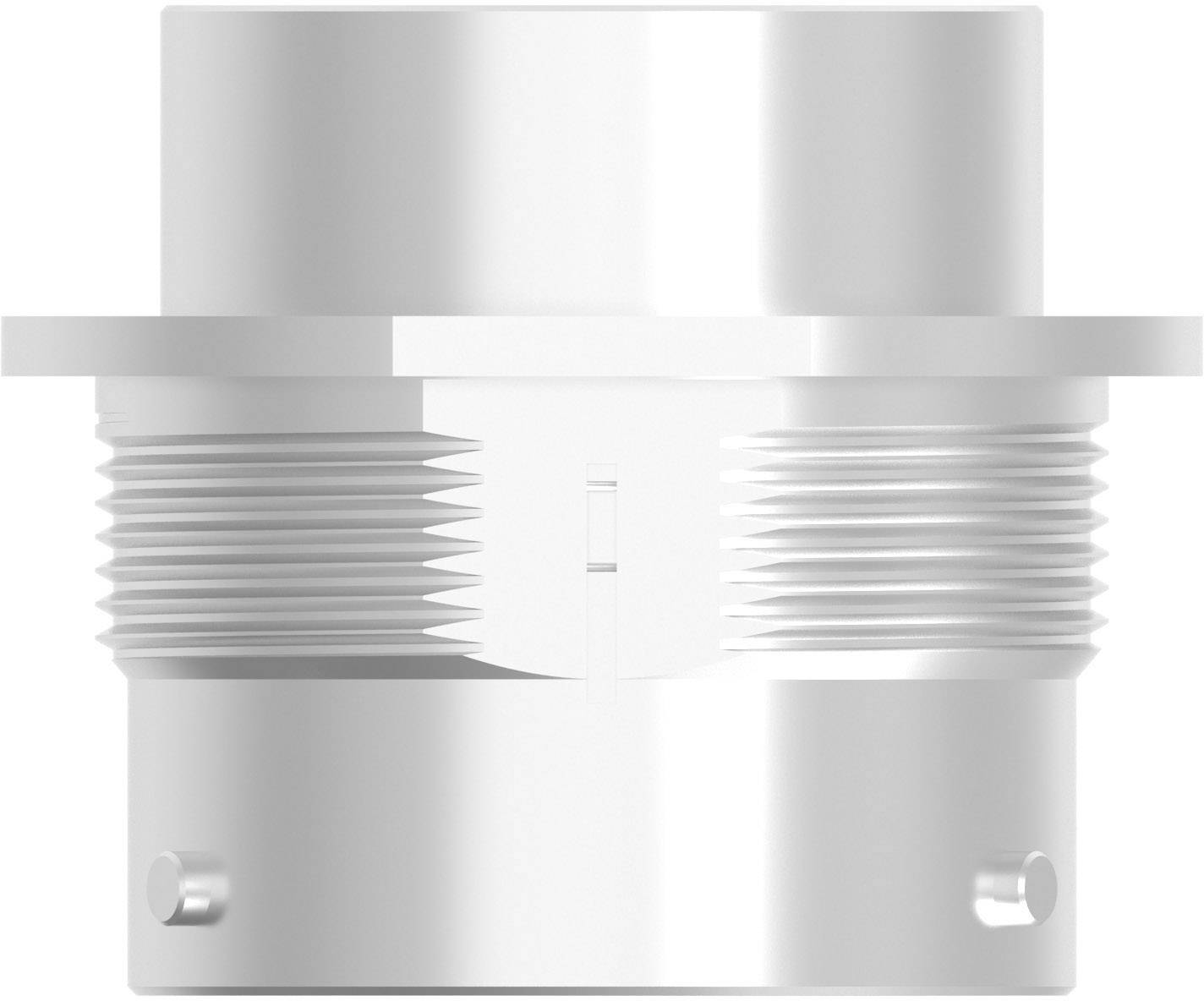 A cylindrical, metallic white connecting piece with fine grooves and two lateral holes, against a white background.