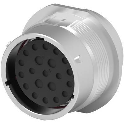 Silver cylindrical connector with multiple round terminals in a black centre, suitable for electrical connection.
