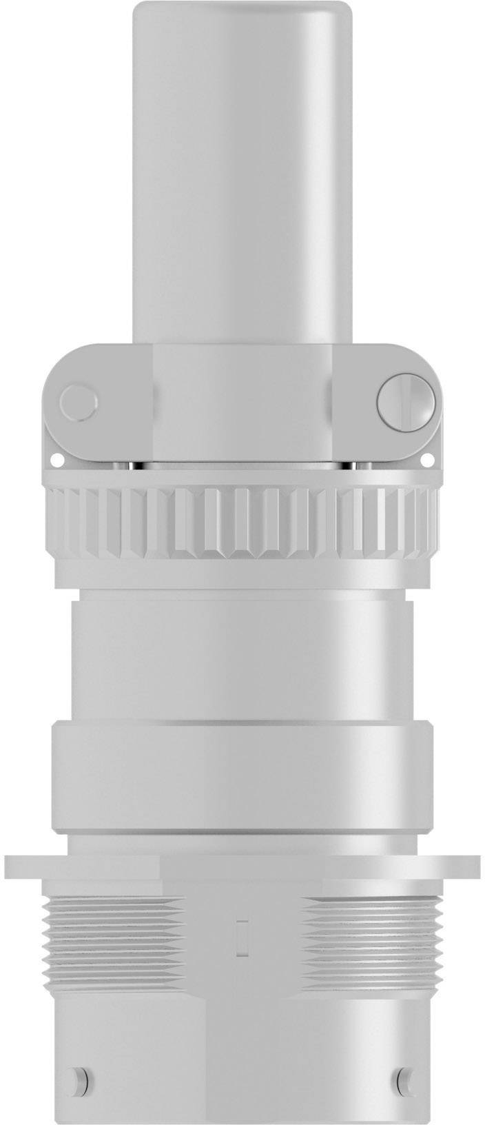 Silver mechanical plug with knurled ring and threaded screw, vertically aligned, in close-up.